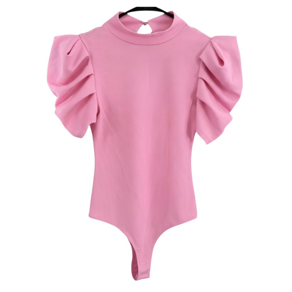 TCEC Ribbed Knit PINK BODYSUIT TOP Pleated Puff Sleeves HIGH NECK So Cute! SZ M